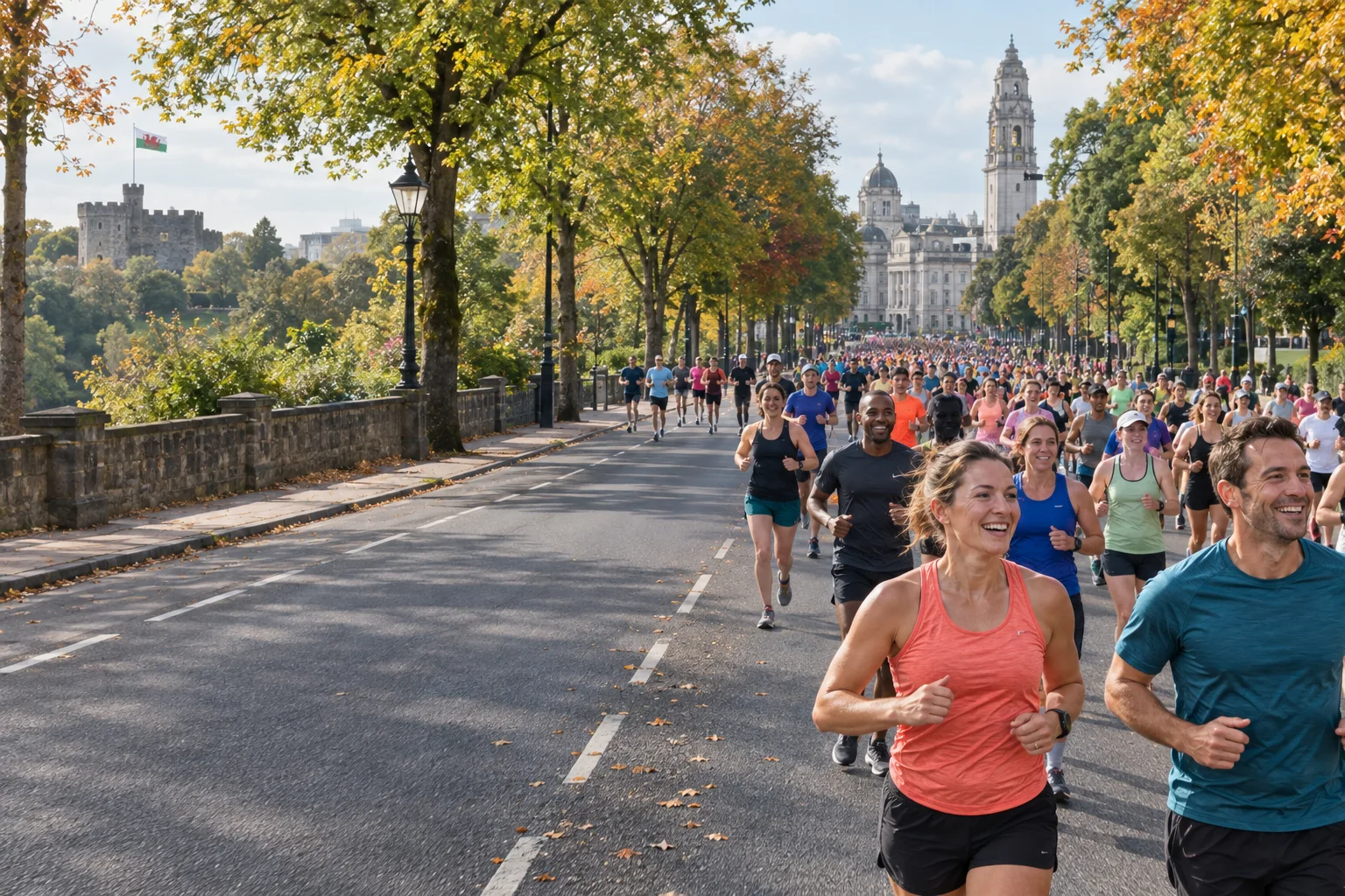 Illustration of runners on a Cardiff street near the city centre