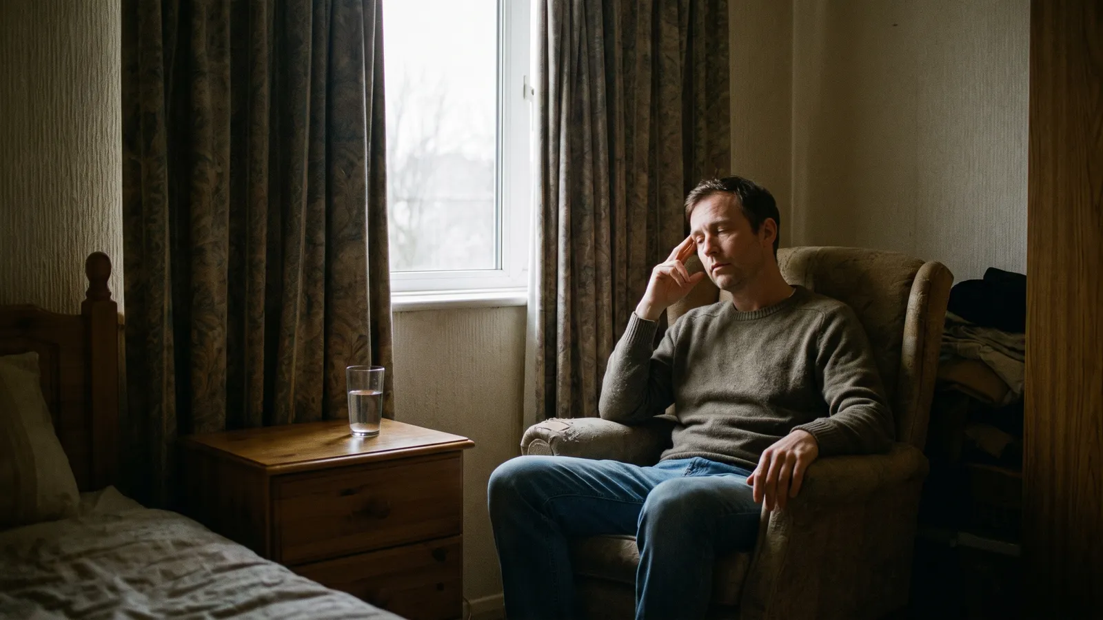 A man sits quietly in an armchair by a curtained bedroom window at dawn, fingertips resting at his temple