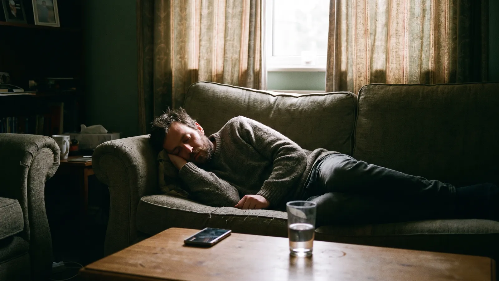 A man asleep on a sofa in a dim living room, his phone set aside on the coffee table