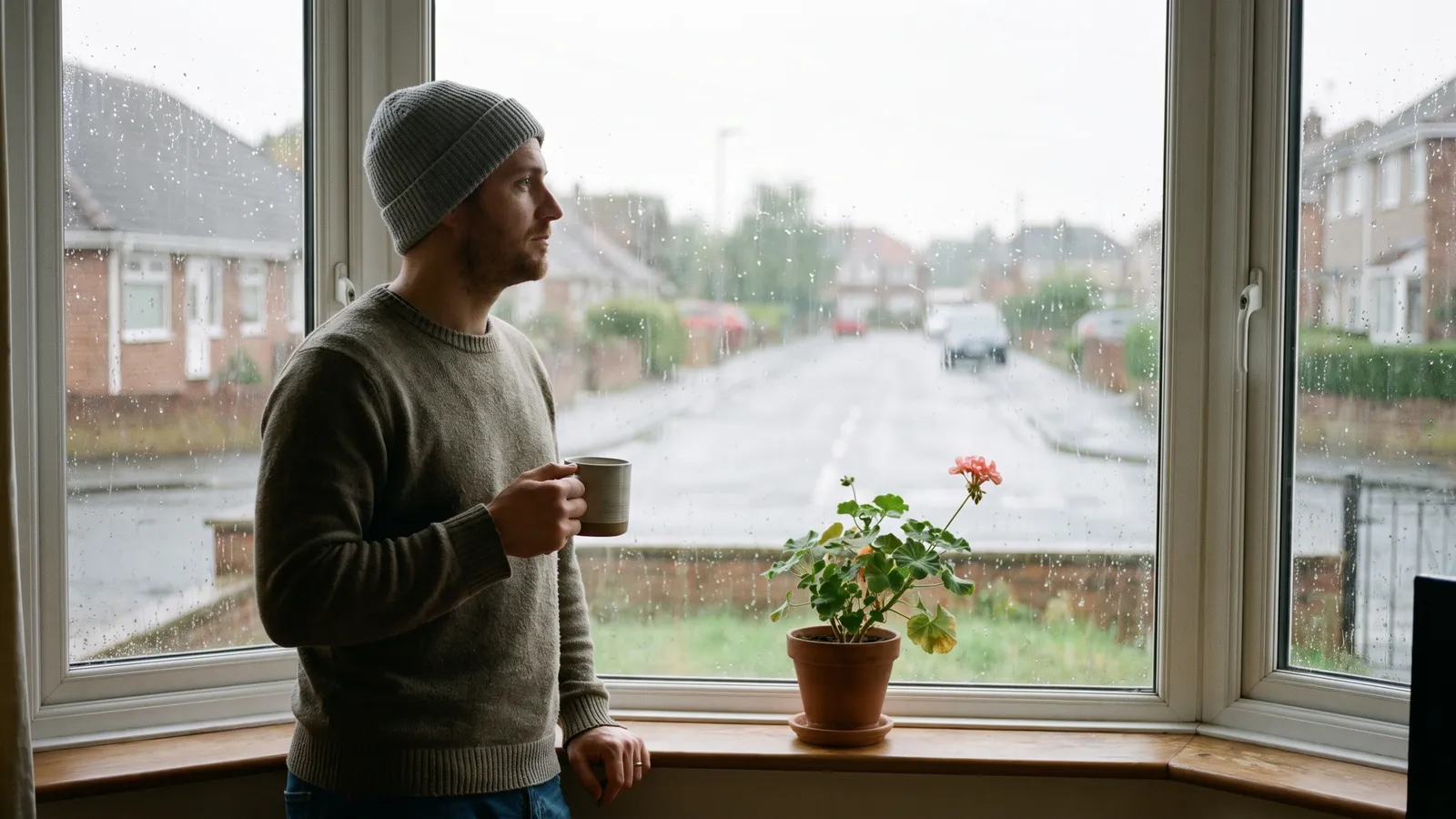 A man in a soft knitted cap holds a mug and looks out of a bay window at a rainy residential street.
