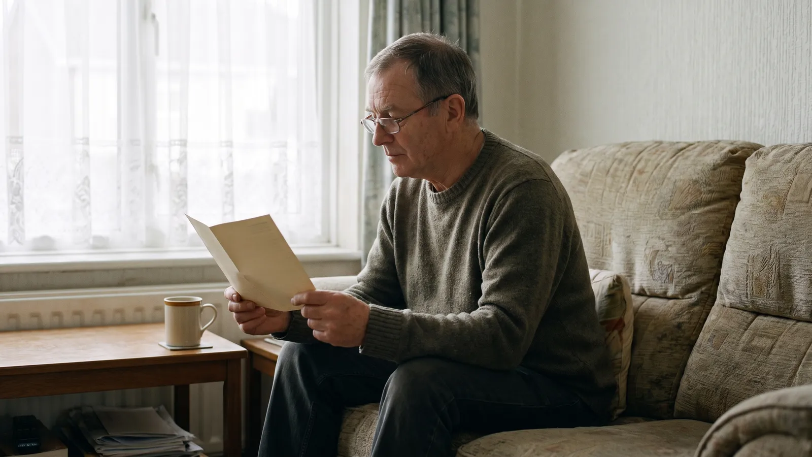 An older man sitting on a sofa at home reading a folded information leaflet with a mug of tea beside him