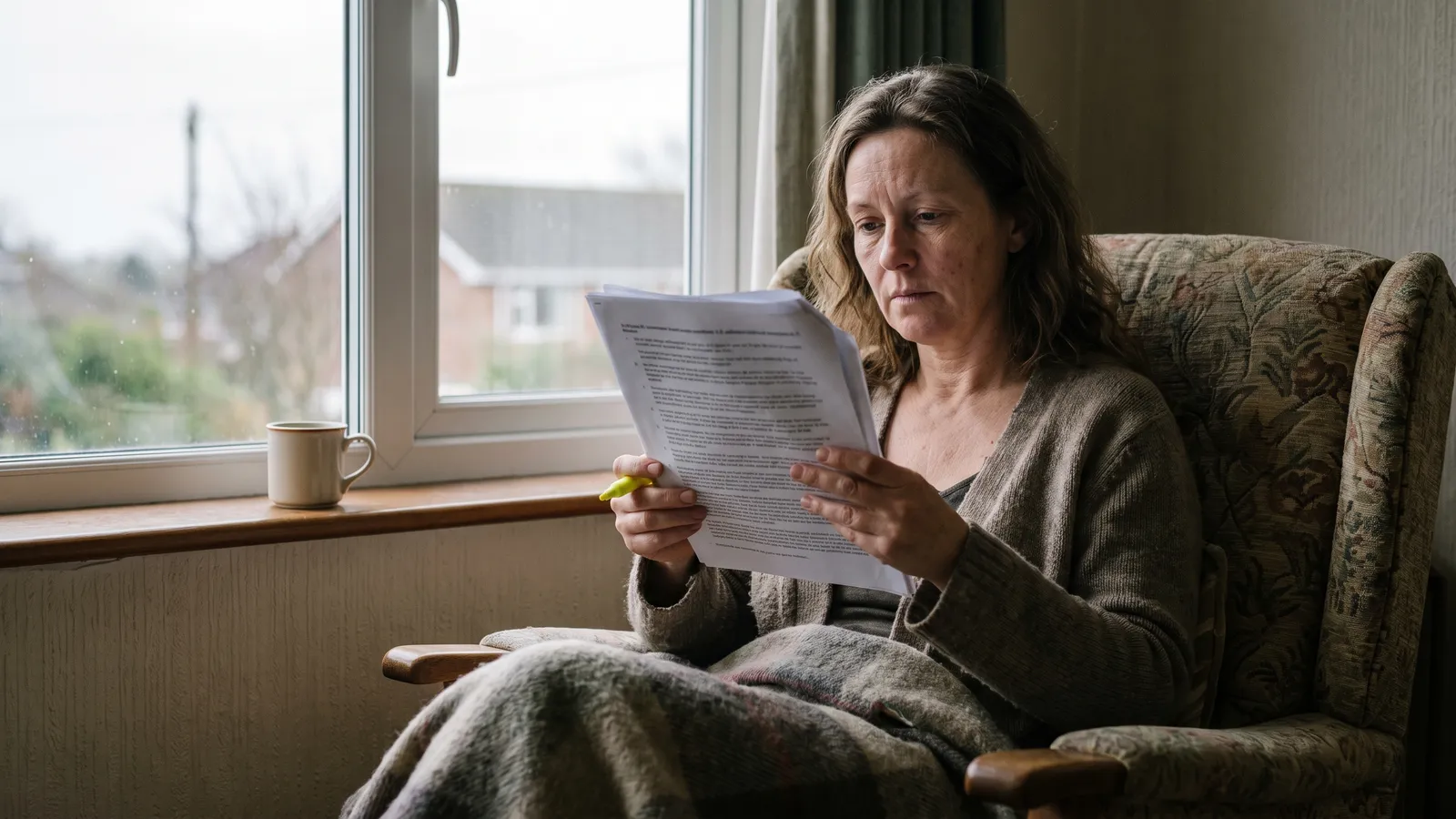 A woman in an armchair by a window reading a stapled research paper with a highlighter, a blanket over her lap