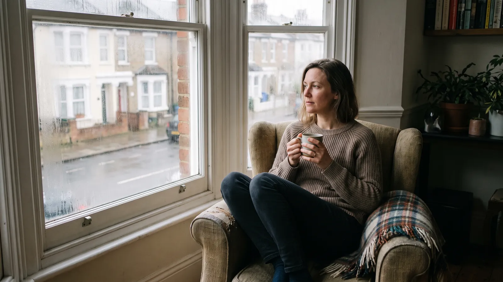 A woman sits in an armchair by a rainy window holding a mug of tea, resting at home