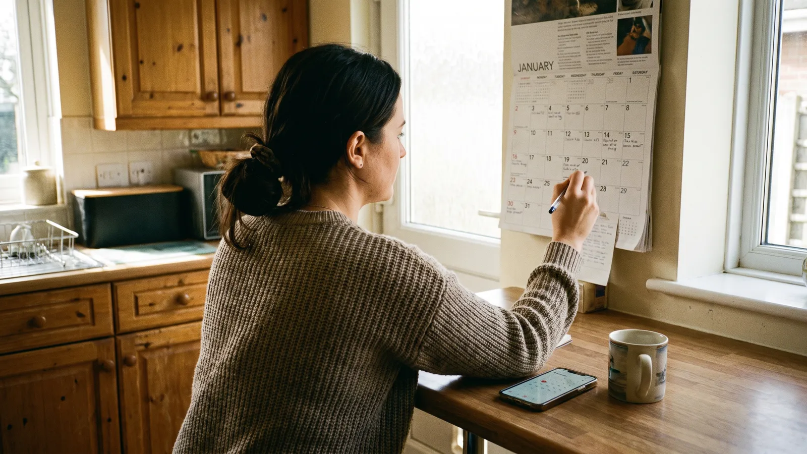 A woman writing appointment times on a paper wall calendar in her kitchen, with her phone calendar open on the counter