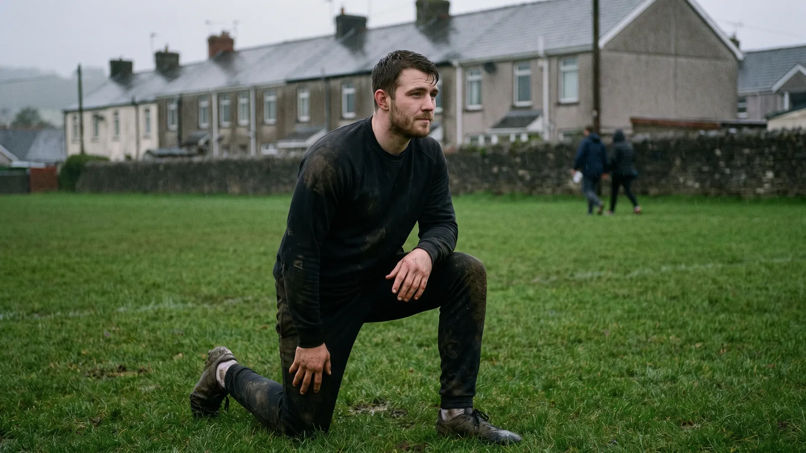 A muddy amateur rugby player kneels on a wet grass pitch in front of a row of terraced houses after training