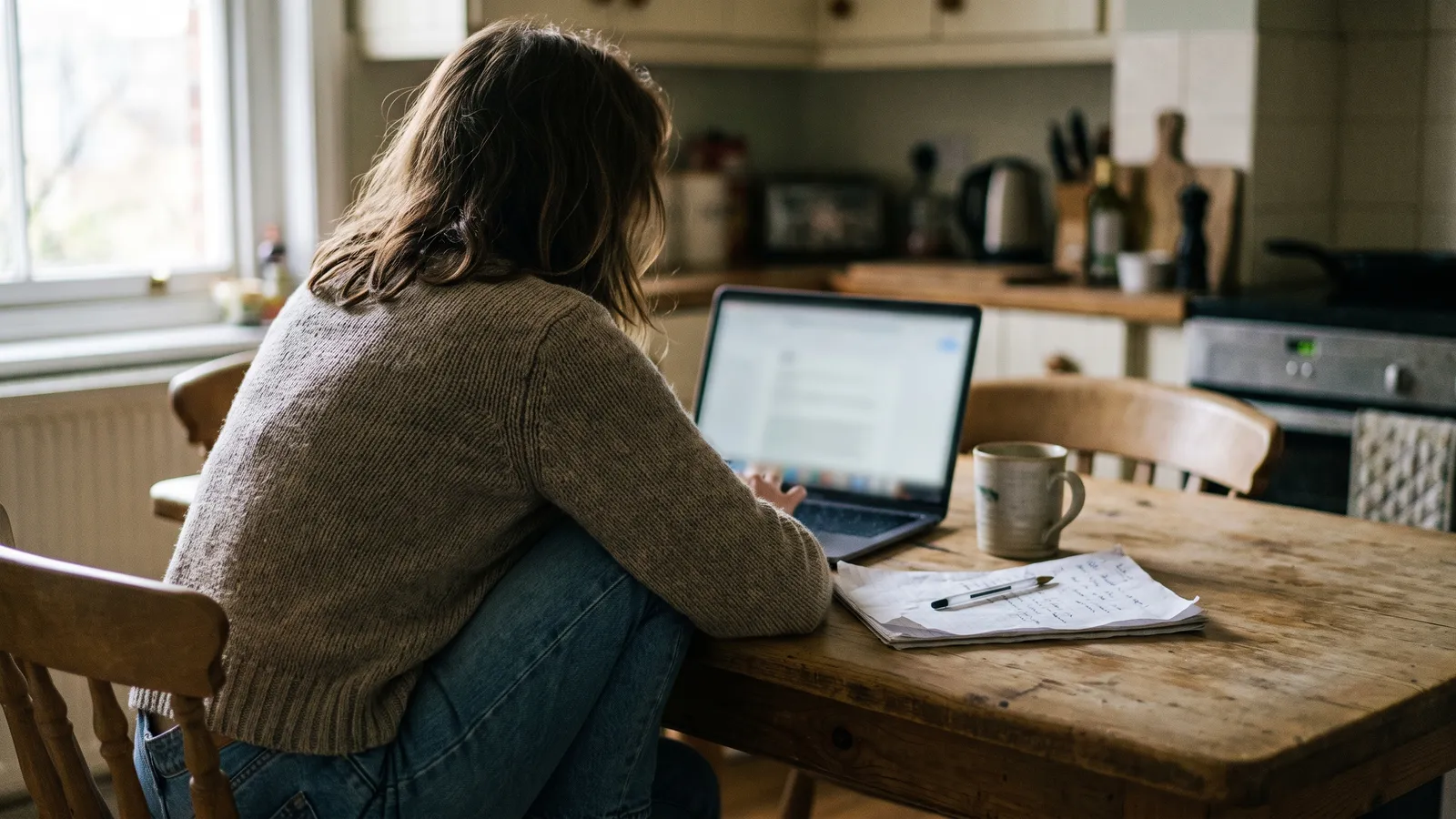 A woman at a kitchen table comparing options on a laptop with a handwritten notepad and a mug beside her