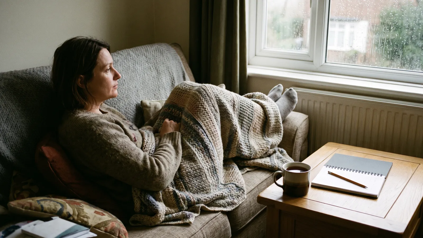 A woman resting on a sofa under a knitted blanket, looking out of a rain-speckled window beside a mug of tea and a notebook