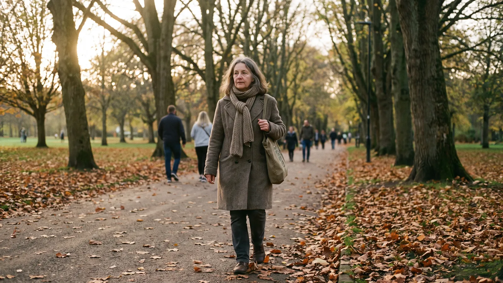 A woman in a wool coat and scarf walks slowly along a leaf-covered path in a city park in autumn.