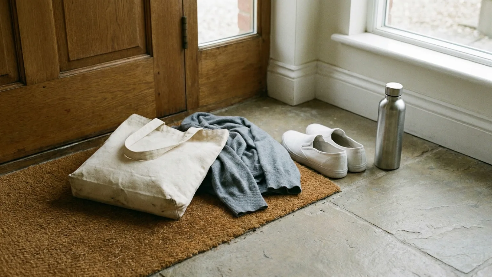 A canvas tote bag, grey cardigan, white canvas shoes and a steel water bottle by a front door, ready for an appointment