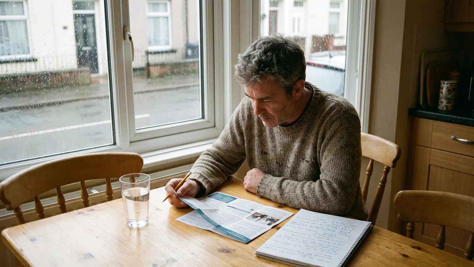 A man at his kitchen table reading an information leaflet and writing questions in a notebook on a rainy morning
