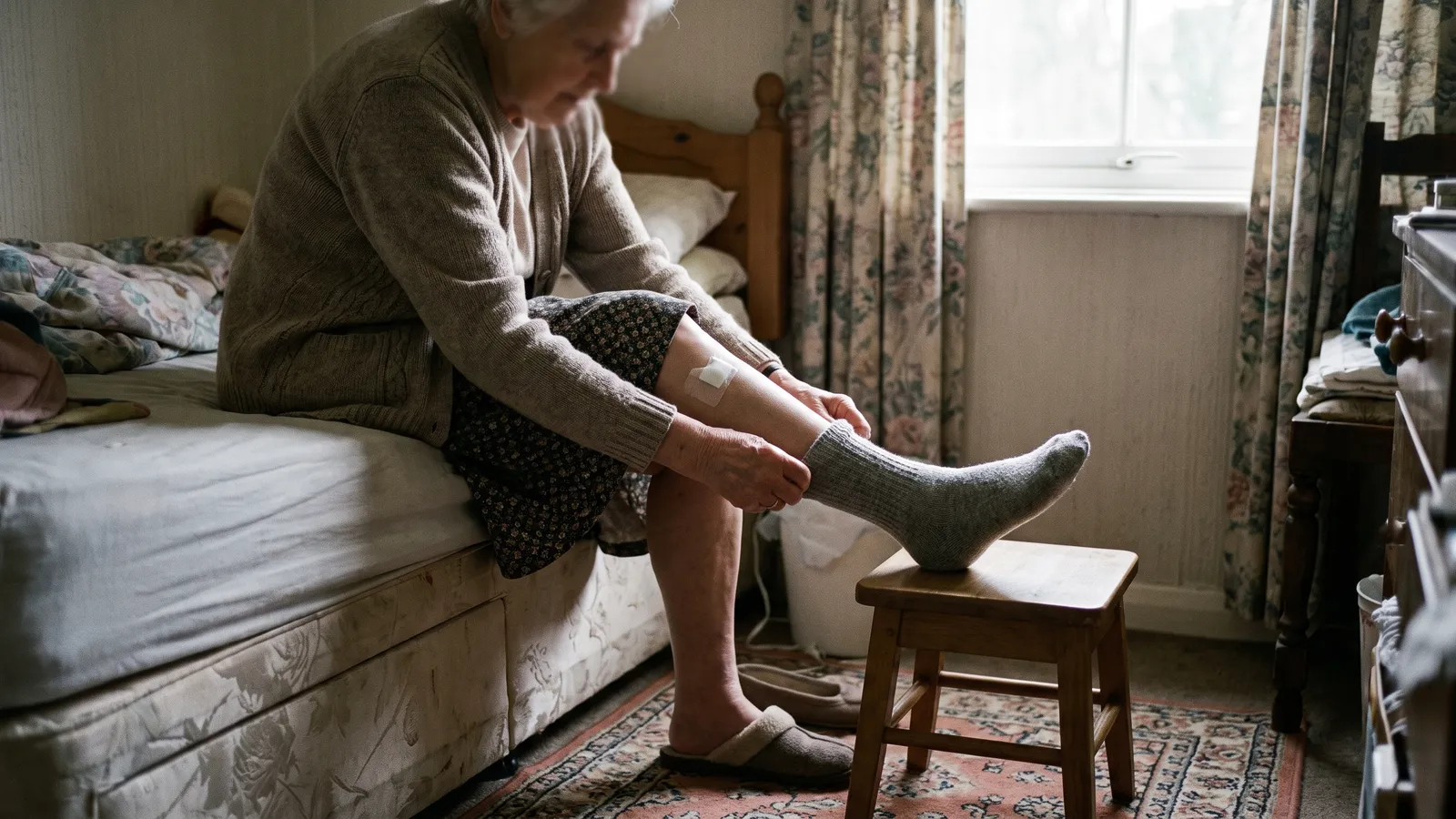 An older woman sits on her bed pulling on a grey sock, foot on a stool, with a small clean dressing on her lower leg.