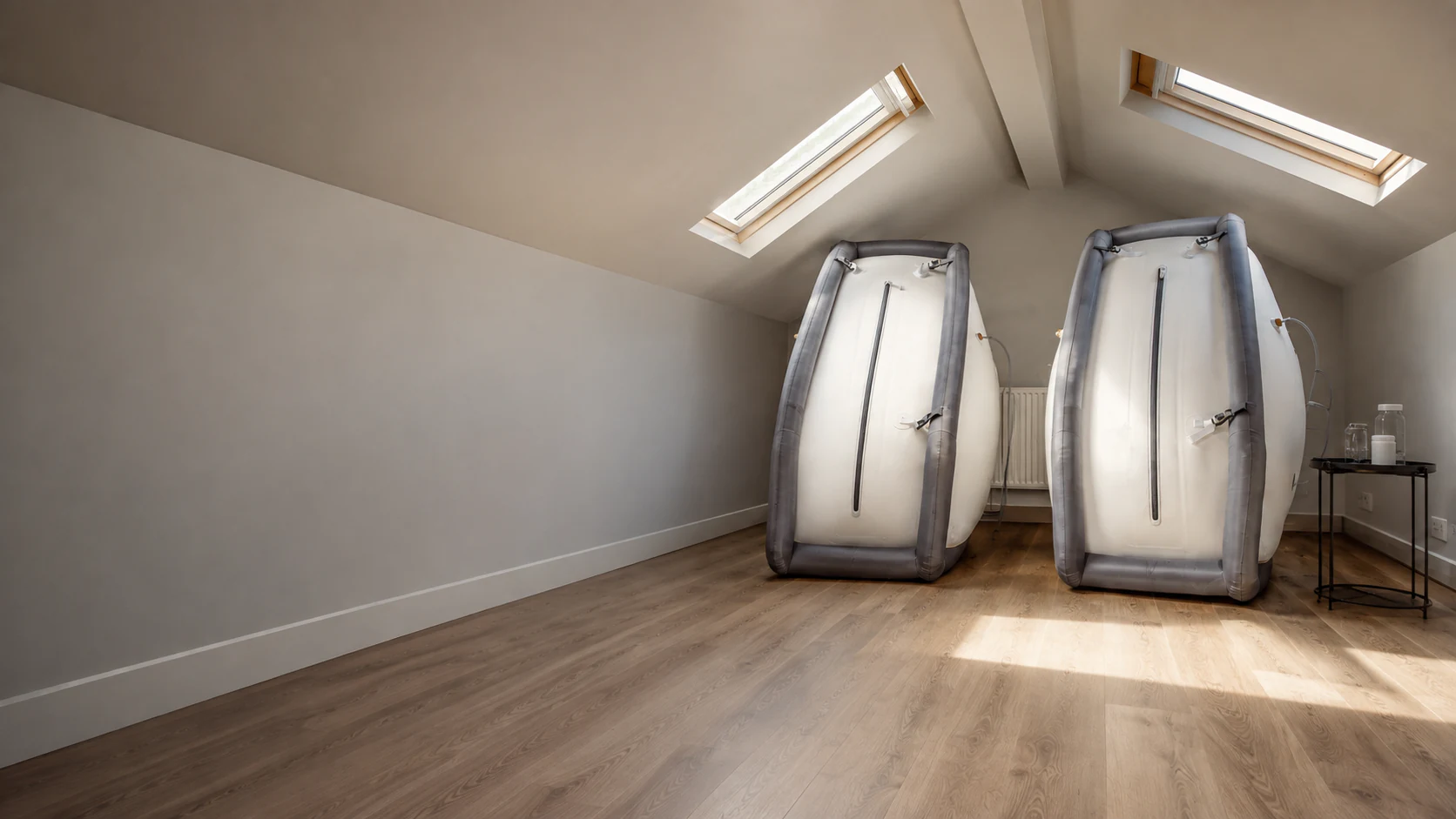 The hyperbaric treatment room in Pontcanna, with two single-person chambers side by side.