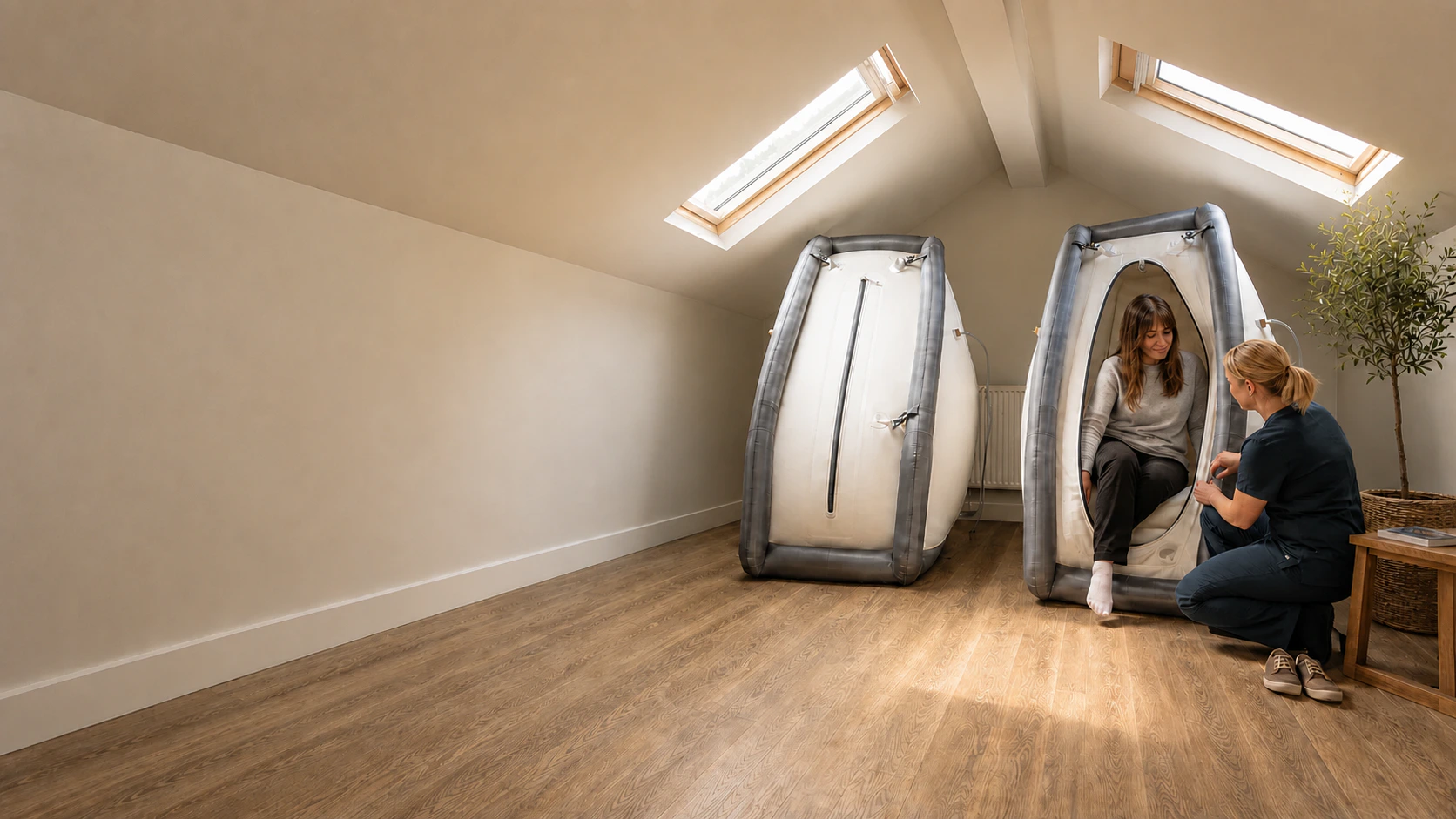 A patient being supported by a clinician as she enters a hyperbaric chamber