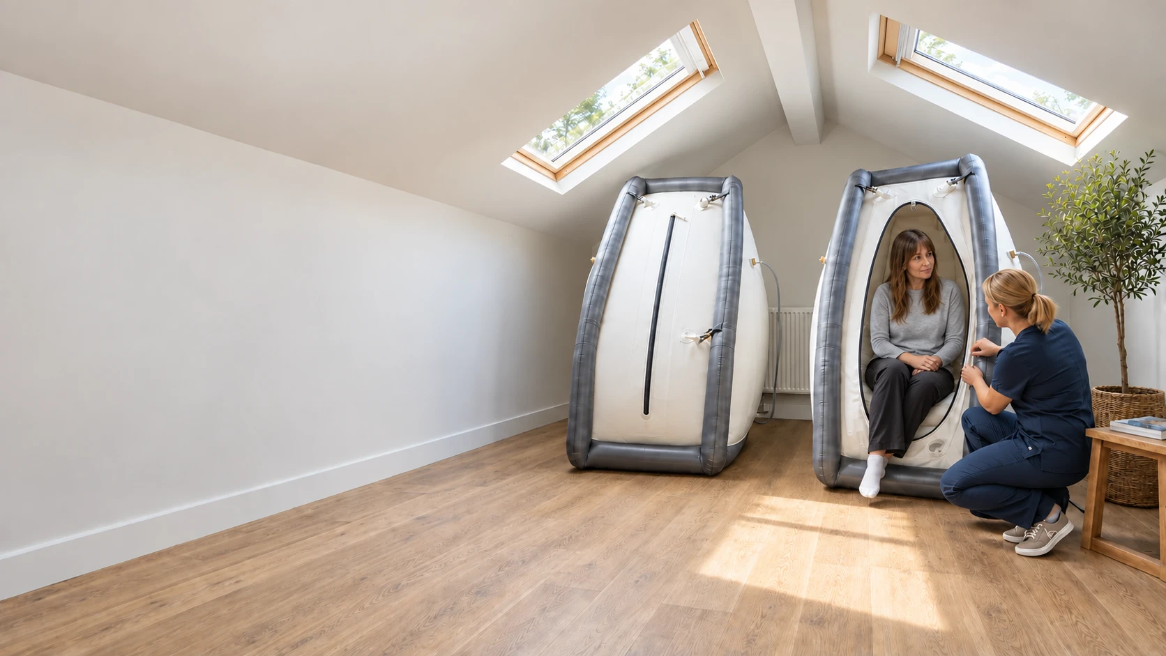 A patient being prepared for a hyperbaric oxygen session.