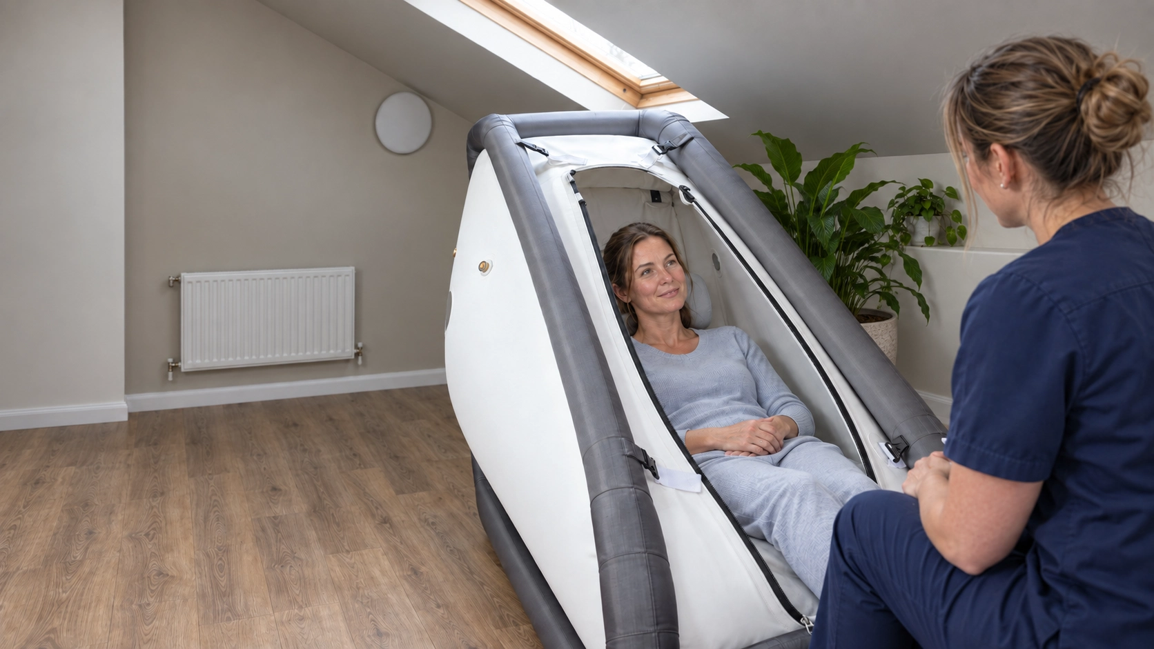 A relaxed patient settling into a hyperbaric chamber while a staff member prepares the session.
