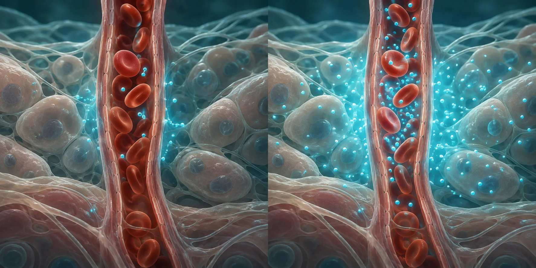 Illustration of oxygen moving through blood plasma into tissue.